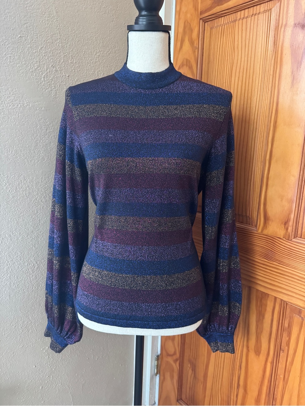 Warehouse Metallic Striped Mock Neck Sweater - Blue, Purple & Gold